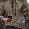 T-shirt casual de verão para homem - Estampa cinza com cordão de imitação impressa em 3D, poliéster respirável, lavável à máquina, ajuste regular, manga curta, decote redondo para desporto e vestuário casual, tecido confortável